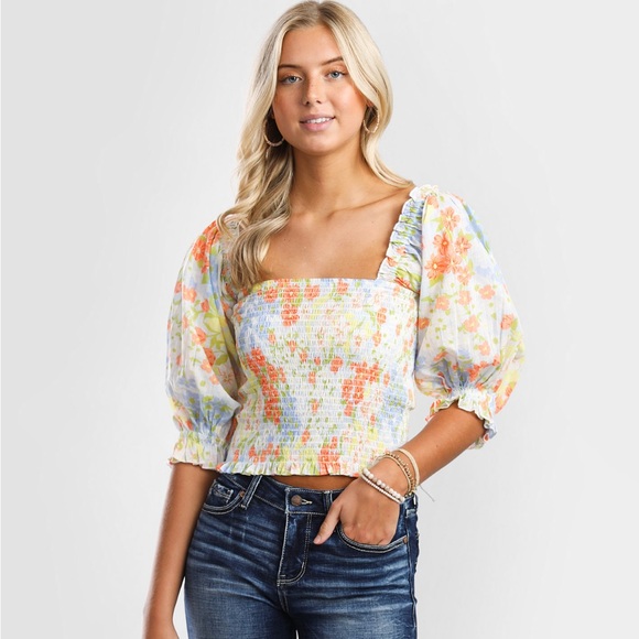 Billabong Feeling Groovy Cropped Top  Multicolor Floral Blouse Puff Sleeves - Picture 1 of 4